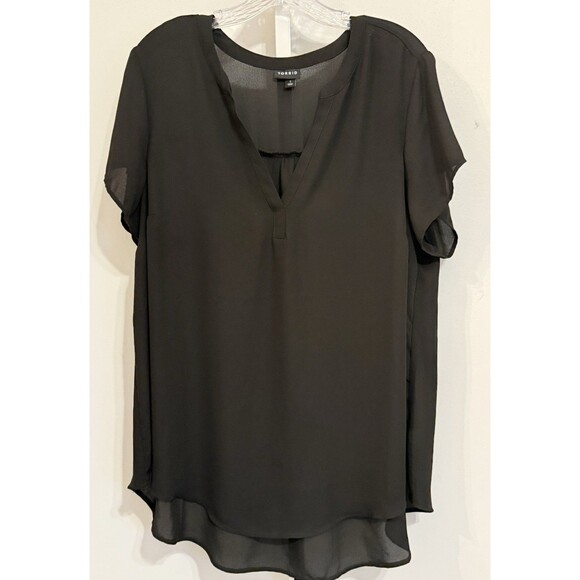 Torrid 1 Black Sheer Chiffon Georgette Blouse | Layered V-Neck Short Sleeve Top - Picture 1 of 9
